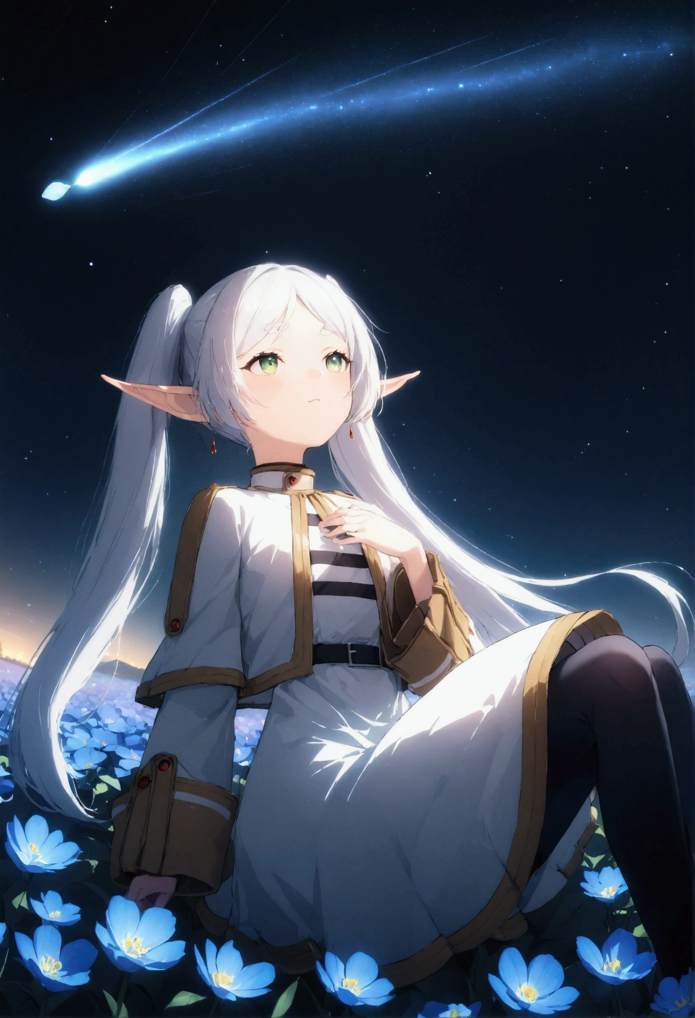  High image quality 、masterpiece、   high quality、Full HD、4K、 standing、 one girl sitting on the ground 、Side view、 Funeral Freelen、 Silver Hair、 twin tails、Green Eyes、Elf Ears、 White Dress 、 striped inner、skirt with gold hem 、Black tights、 flat chest、Blushing cheeks 、 looking up at the sky 、Look Up、Place your hands on your chest、smile、Blue Flower Field、Standing in a flower field、The blue petals are flying、Night Sky、 shooting stars、Meteor Shower