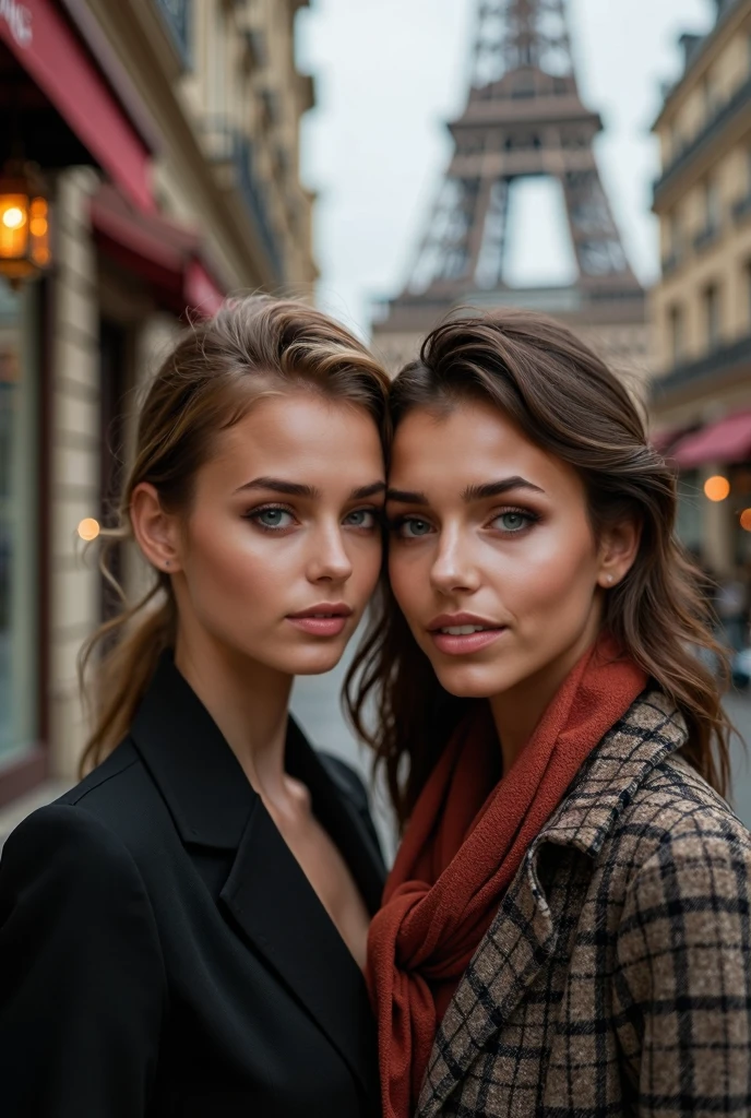 portrait of 2 women, Olivia with long blond hair and blue eyes, slim, very large chest, and Chloe with long blond hair and blue eyes. In front of the Eiffel tower in Paris. They are dressed casually, wearing a leather dress, showing a noticeable shift in their appearance and demeanor. The tension from the previous scene has lifted, and trust and camaraderie now define their interactions, analog style, skin texture, film grain, Ultra High Resolution, best shadow, RAW, high detailed face, high detailed skin, high detail face, beautiful face, natural skin texture, no reflection, see the grain of its skin, high detailed face, high detailed skin, Fujifilm XT3, realistic photography, perfect face.