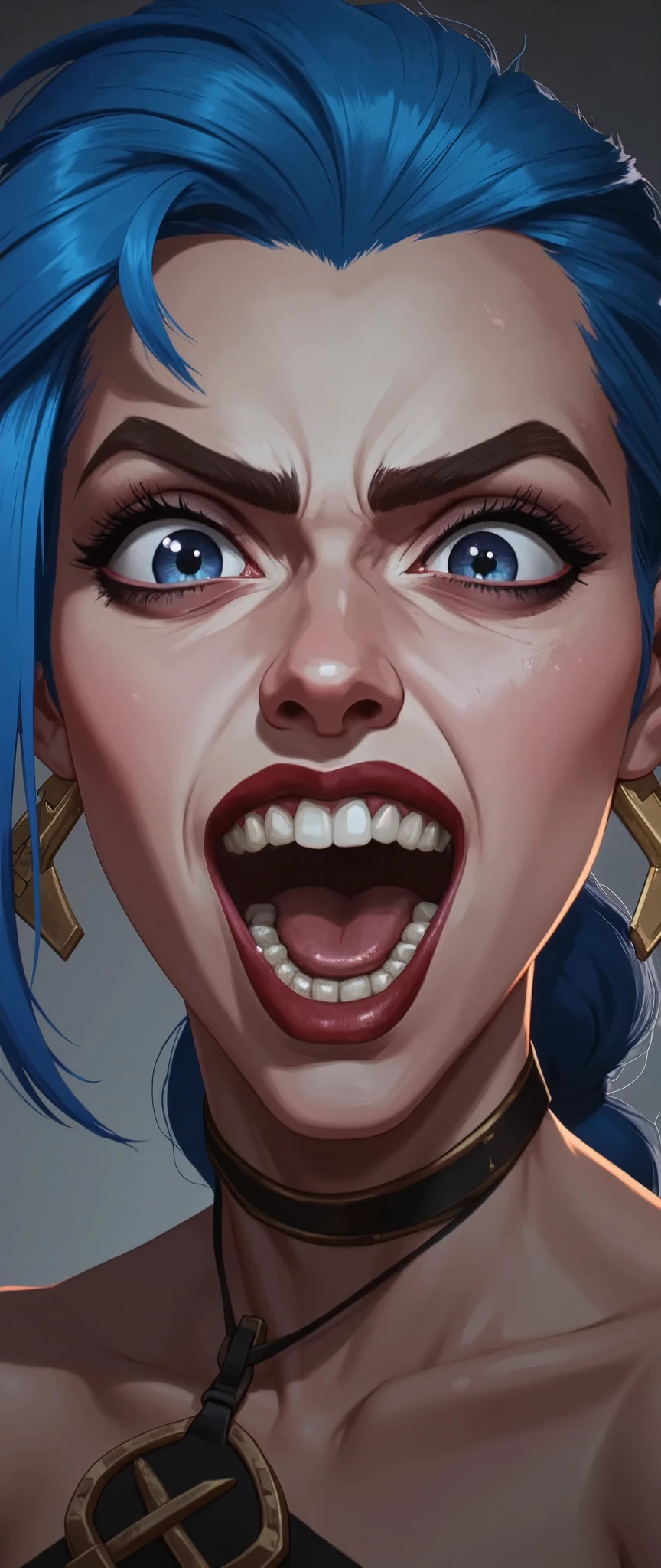 (masterpiece:1.2,Outstanding quality,Mirror finish, Cinematic Experience, best illustration,Super detailed),16k,wallpaper,(1 female),( Game Characters),(League of Legends),(jinx),( detailed hands ),( detailed face), dynamic,Crazy Smile,Big smile,The background is dark, face up ,evil, vector art with a single line,Big smileを浮かべる,Criminals,Illuminated face in the dark,(From below:2.0),( blue hair :2.0)