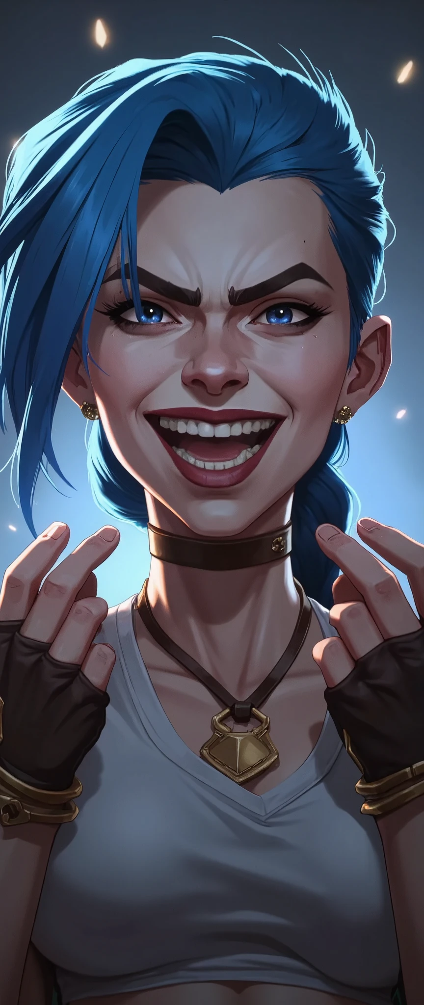 (masterpiece:1.2,Outstanding quality,Mirror finish, Cinematic Experience, best illustration,Super detailed),16k,wallpaper,(1 female),( Game Characters),(League of Legends),(jinx),( detailed hands ),( detailed face), dynamic,Crazy Smile,Big smile,The background is dark, face up ,evil, vector art with a single line,Big smileを浮かべる,Criminals,Illuminated face in the dark,(From below:2.0),( blue hair :2.0)