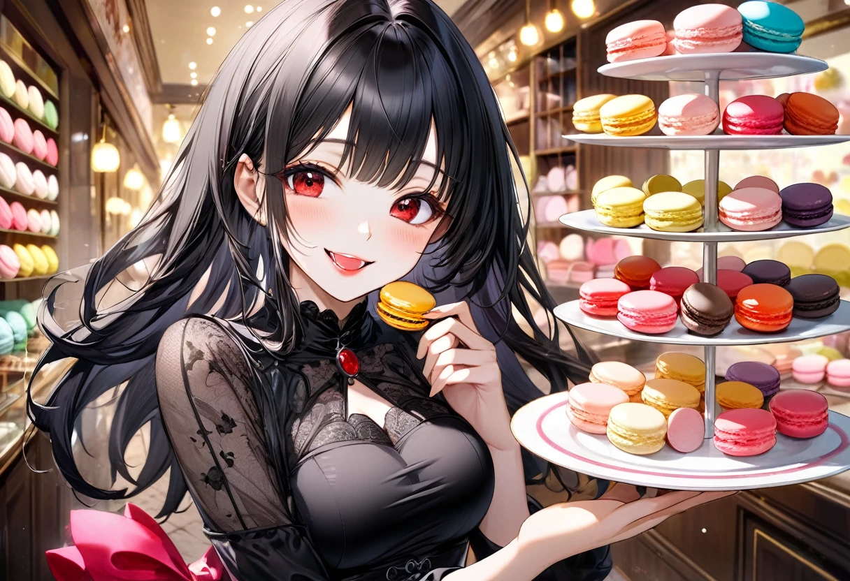 1 girl、Detailed facial details,Cat ear,Black long hair,red lips,Slim,Large Breasts,Wearing black latex tights,silk stockings,With red bow tie,Go Eat,Take a knife and fork,Charming red eyes,,handcuffs,collar,Radiant Skin,Bright restaurant,