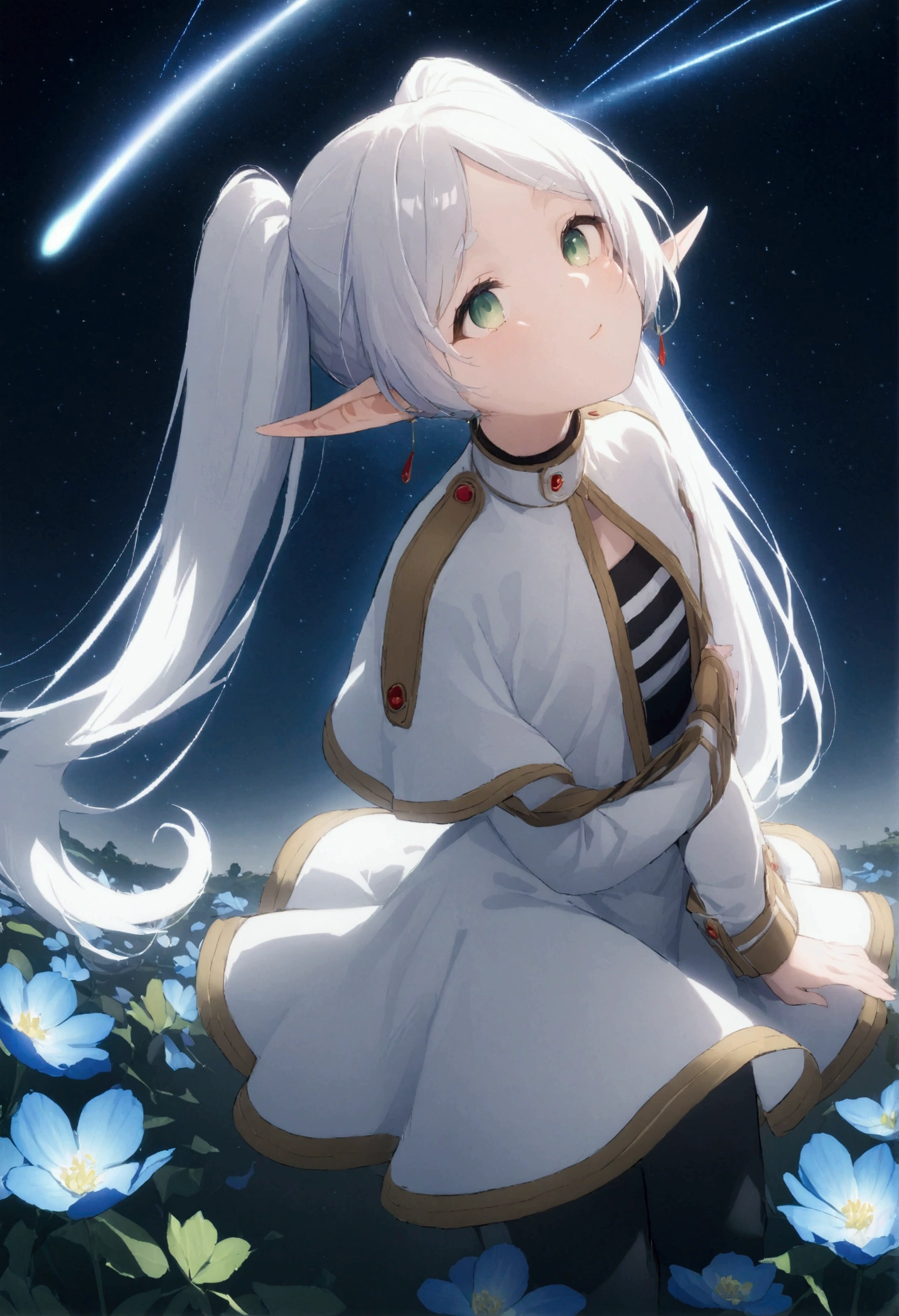  High image quality 、masterpiece、   high quality、Full HD、4K、 standing、 one girl sitting on the ground 、Side view、 Funeral Freelen、 Silver Hair、 twin tails、Green Eyes、Elf Ears、 White Dress 、 striped inner、skirt with gold hem 、Black tights、 flat chest、Blushing cheeks 、 looking up at the sky 、Look Up、Place your hands on your chest、smile、Blue Flower Field、Standing in a flower field、The blue petals are flying、Night Sky、 shooting stars、Meteor Shower