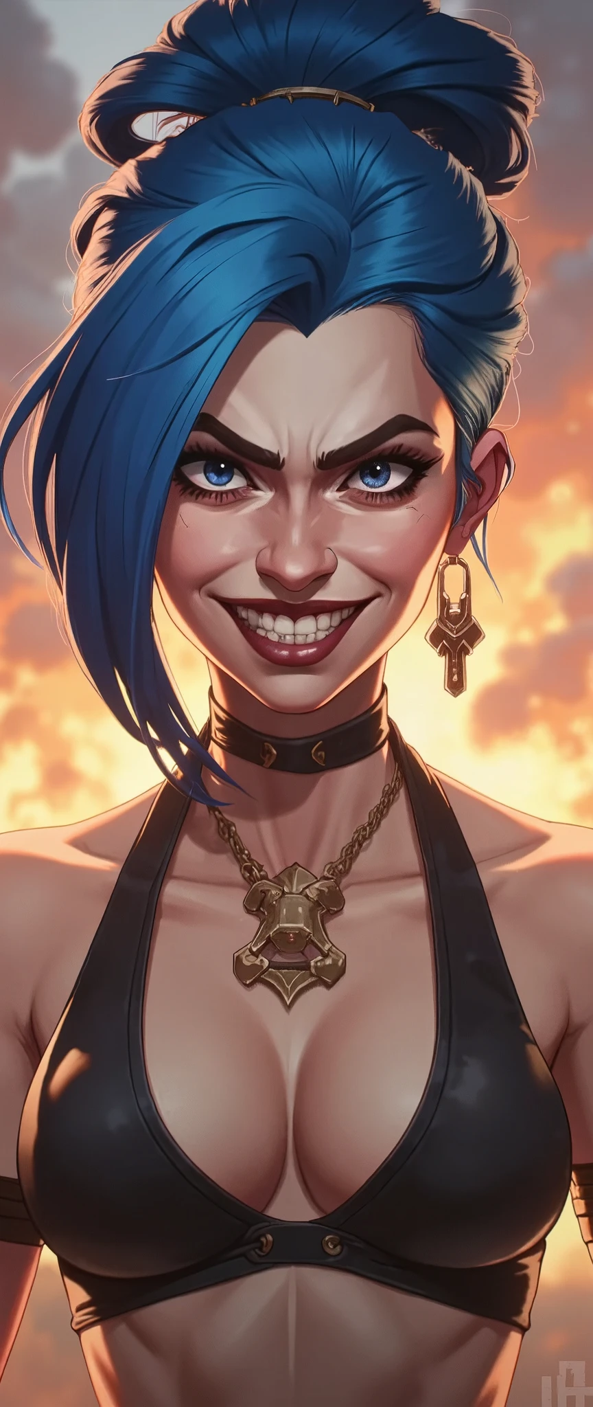 (masterpiece:1.2,Outstanding quality,Mirror finish, Cinematic Experience, best illustration,Super detailed),16k,wallpaper,(1 female),( Game Characters),(League of Legends),(jinx),( detailed hands ),( detailed face), dynamic,Crazy Smile,Big smile,The background is dark, face up ,evil, vector art with a single line,Big smileを浮かべる,Criminals,Illuminated face in the dark,(From below:2.0),( blue hair :2.0),(The background is an abstract image of countless explosions:2.0)