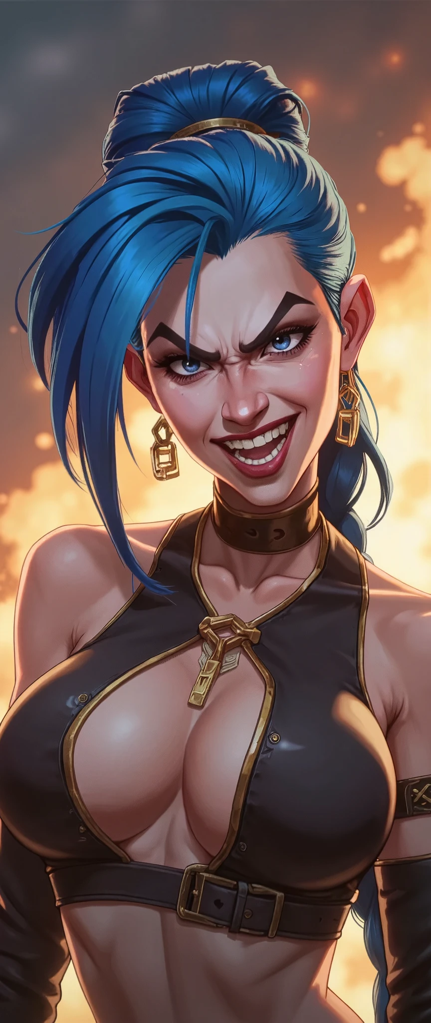 (masterpiece:1.2,Outstanding quality,Mirror finish, Cinematic Experience, best illustration,Super detailed),16k,wallpaper,(1 female),( Game Characters),(League of Legends),(jinx),( detailed hands ),( detailed face), dynamic,Crazy Smile,Big smile,The background is dark, face up ,evil, vector art with a single line,Big smileを浮かべる,Criminals,Illuminated face in the dark,(From below:2.0),( blue hair :2.0),(The background is an abstract image of countless explosions:2.0)