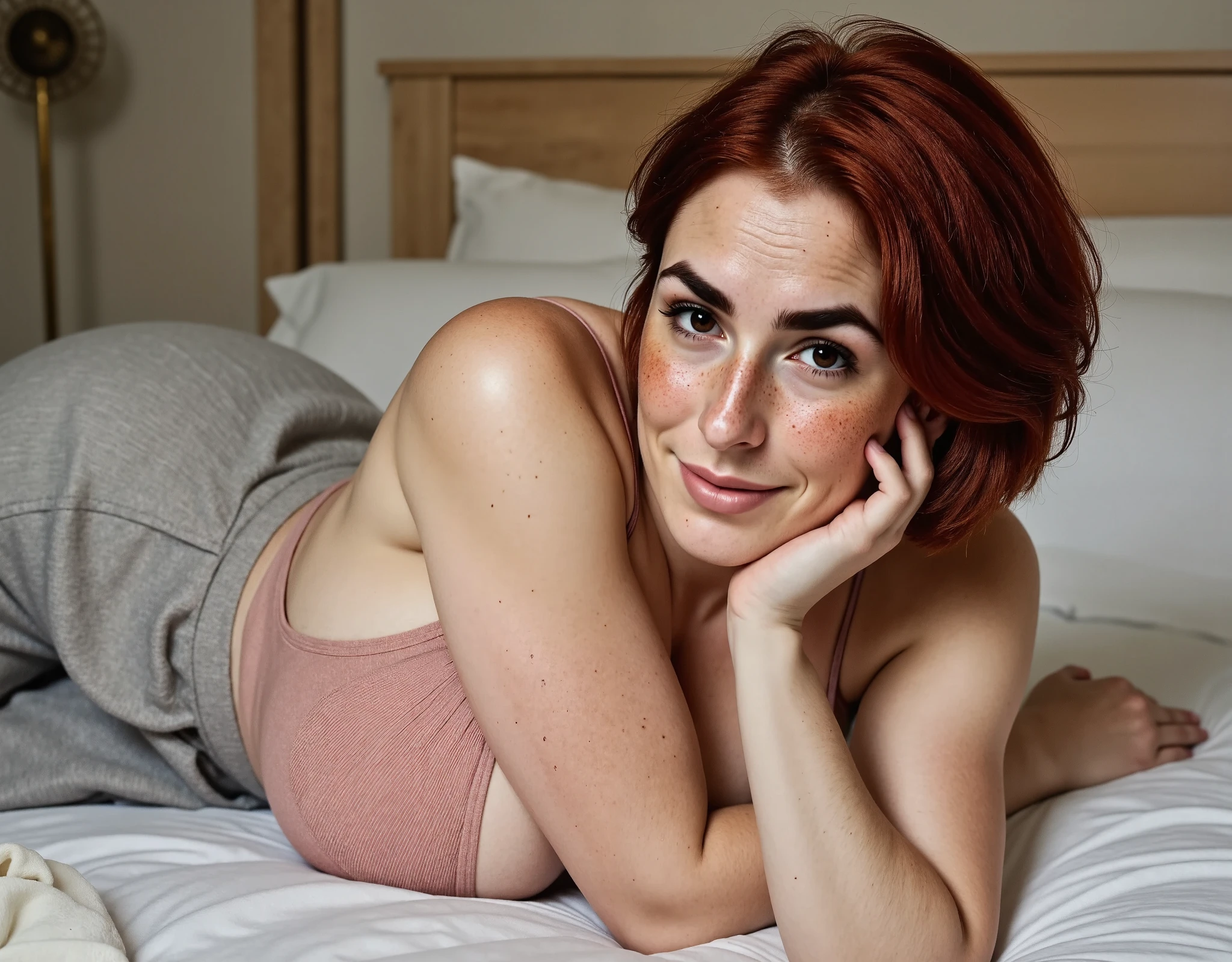 Photorealistic picture, (dynamic camera angle:1.4), featuring a woman laying on her bed, on top of the covers. (Camera looking from the side of the bed, showing the silhouette of her body). She is relaxing and turns her head to look to the camera with relaxed and sleepy eyes. The woman is a beautiful british woman, with brown eyes, downturned eye shape. She has high cheekbones and dark eyebrows. She has reddish-brown hair, long bob hairstyle. She has very pale skin and freckles. She has (gigantic breasts:1.5),(soft and sagging breasts), (gigantic hips).she's wearing a pair of light grey baggy linen trousers, light rose tank-top with ribbed texture. Her face is turned to the camera and she has a tired but happy smile. The atmosphere is relaxed, wholesome, calm. perfect hands, massively huge breasts.