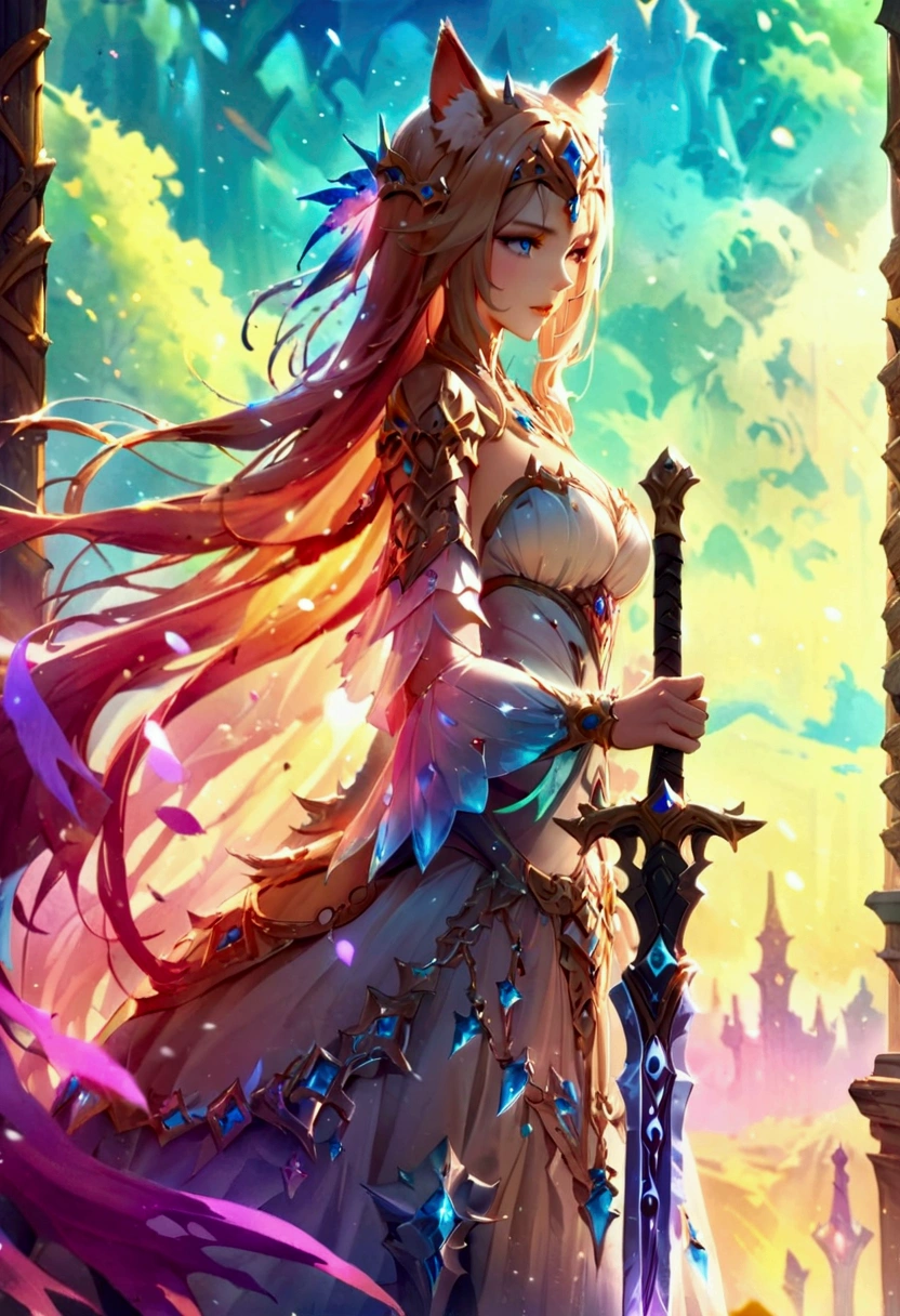 a masterpiece， best quality， official art ，8K wallpaper， Extremely detailed，Illustration，A Princess with a Beautiful Sword 。 Luxurious Dress Studded with Jewels、 An Intricately Designed Sword 。 Beautiful Artistic Art 。 Fantasy 、 standing、No cat ears