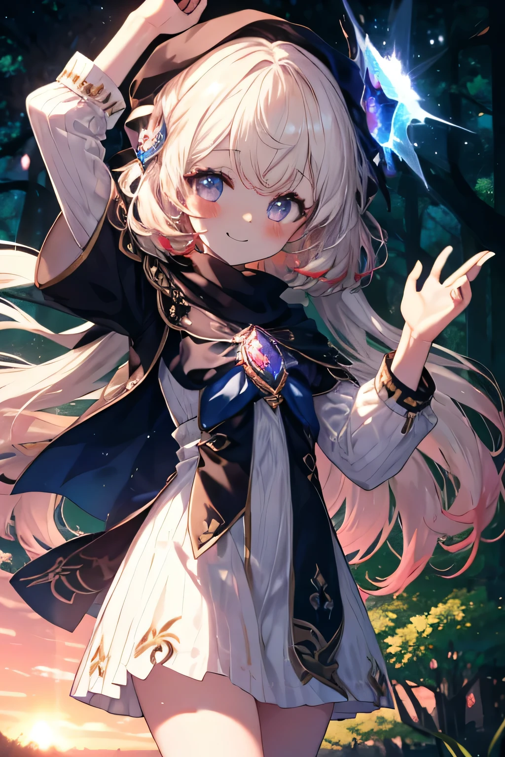(Laby ) smiling, standing( close to a tree ), forest background, forest background(dark), complete anatomy, graphic effects, ornament of an accessory shaped like a flower on the head, aura, first person, blush, looking at the viewer, Charm, Pausa de toque ciego looking at the viewer, suave breeze, sun setting, cosmic essence , Luminous