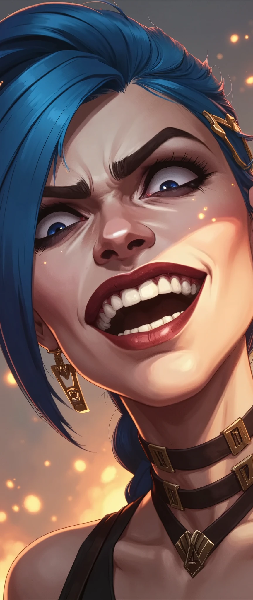 (masterpiece:1.2,Outstanding quality,Mirror finish, Cinematic Experience, best illustration,Super detailed),16k,wallpaper,(1 female),( Game Characters),(League of Legends),(jinx),( detailed face), dynamic,Crazy Smile,Big smile,The background is dark, face up ,evil, vector art with a single line,Big smileを浮かべる,Criminals,Illuminated face in the dark,(From below:2.0),( blue hair :2.0),(The background is an abstract image of countless explosions:2.0)