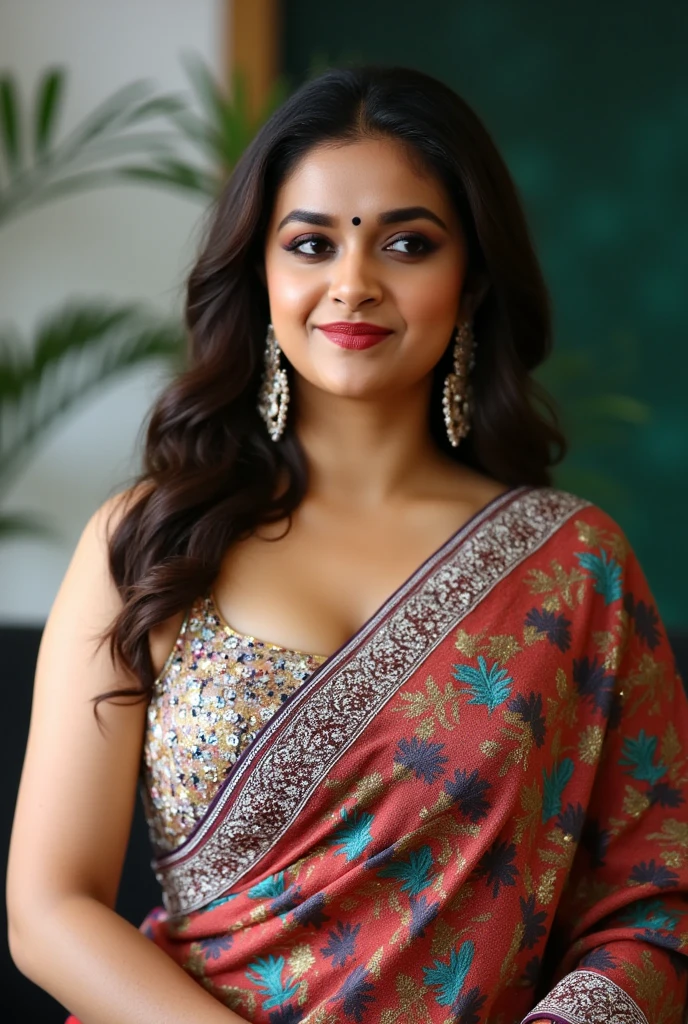 (masterpiece, best quality:1.2), 1girl, solo, wearing saree, busty cleavage