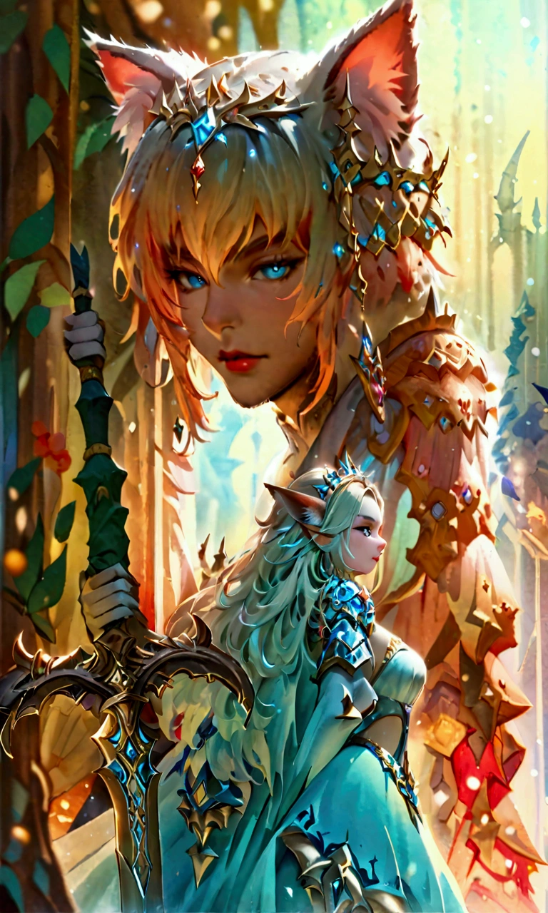 a masterpiece， best quality， official art ，8K wallpaper， Extremely detailed，Illustration，A Princess with a Beautiful Sword 。 Luxurious Dress Studded with Jewels、 An Intricately Designed Sword 。 Beautiful Artistic Art 。 Fantasy 、 standing、No cat ears