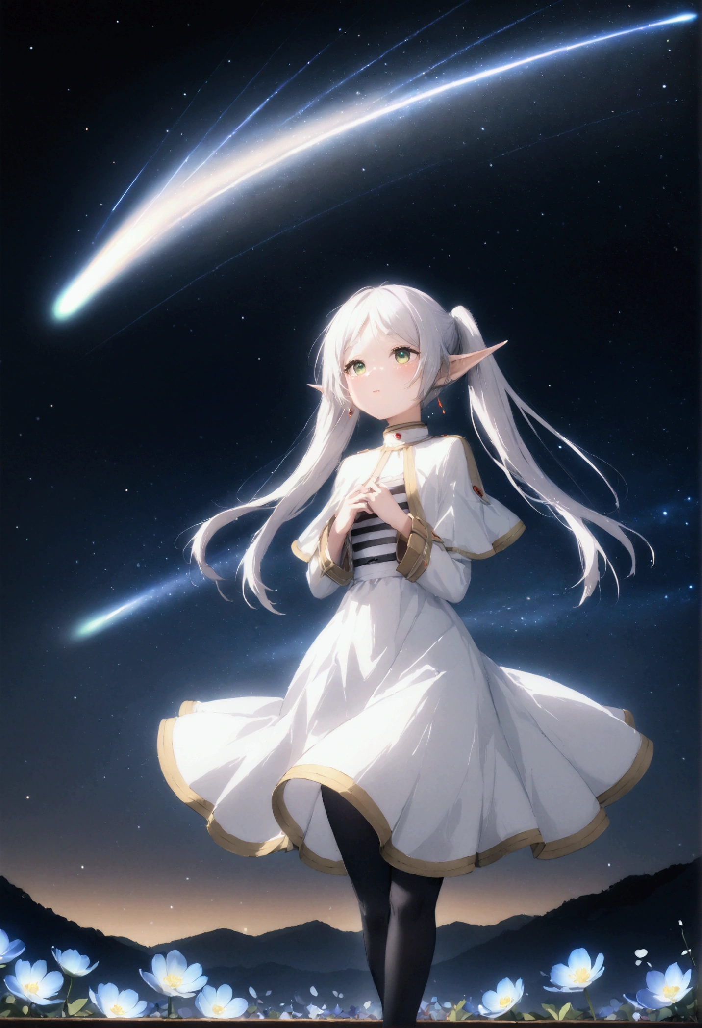  High image quality 、masterpiece、   high quality、Full HD、4K、 standing、 one girl sitting on the ground 、Side view、 Funeral Freelen、 Silver Hair、 twin tails、Green Eyes、Elf Ears、 White Dress 、 striped inner、skirt with gold hem 、Black tights、 flat chest、Blushing cheeks 、 looking up at the sky 、Look Up、Place your hands on your chest、smile、Blue Flower Field、Standing in a flower field、The blue petals are flying、Night Sky、 shooting stars、Meteor Shower