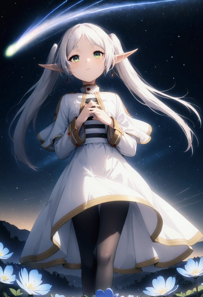  High image quality 、masterpiece、   high quality、Full HD、4K、 standing、 one girl sitting on the ground 、Side view、 Funeral Freelen、 Silver Hair、 twin tails、Green Eyes、Elf Ears、 White Dress 、 striped inner、skirt with gold hem 、Black tights、 flat chest、Blushing cheeks 、 looking up at the sky 、Look Up、Place your hands on your chest、smile、Blue Flower Field、Standing in a flower field、The blue petals are flying、Night Sky、 shooting stars、Meteor Shower