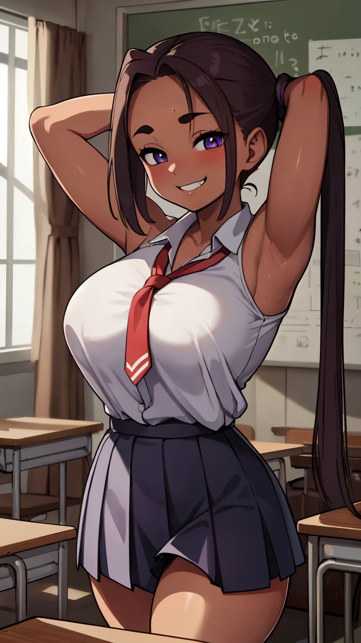 ( perfect body),Best Quality,( 8K Portrait ),( OFFICIAL ART)、(nsfw)、Muscular、(brown skin :1.5)、21-year-old woman、 one girl playing pranks、( smirk:1.6)、((blush、 hands behind their heads、Armpits))、(Big Breasts:1.3)、( THICK THIGS :1.6)、(Forehead、 ponytails:1.3)、School Uniform、 white shirt、 Navy Blue Mini Skirt、( purple hair、 dark eyes)、(classroom)