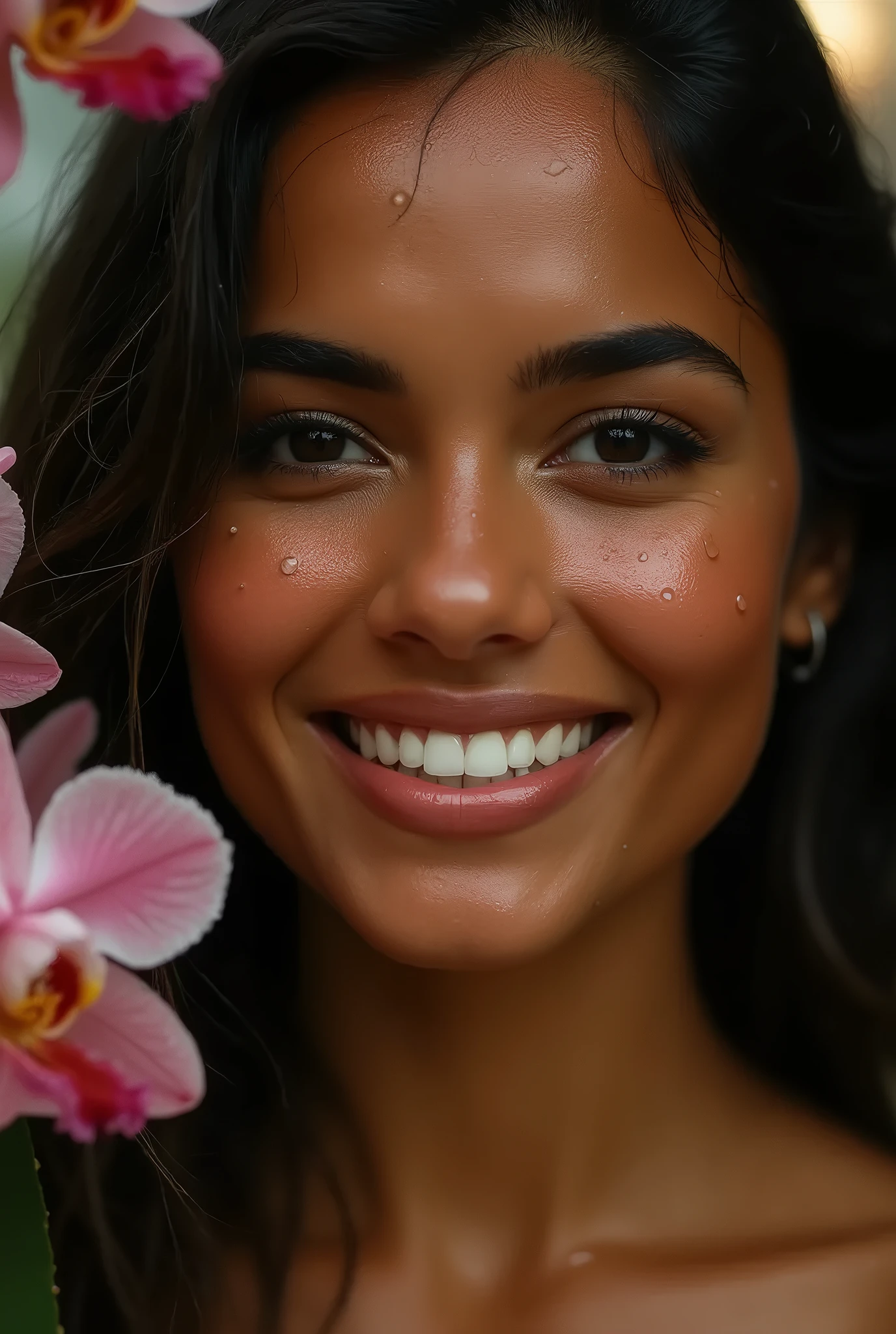 There's a woman sitting at a table with a doughnut in her hand. Uma mulher com pele branca bronzeada e cabelos escuros. ela tem cerca de 35 anos. Your slightly plump lips are like a delicate flower, seus olhos castanhos escuros, grande e charmoso, parecem conter um mundo de maravilhas. Corpo fino. cintura fina. Your body exudes glamor and your face is the definition of beauty. Altamente realista, Lindo, soft lips, batom cor de rosa, sorriso, feeling of lightness and joy, hiperrealismo, pele muito elaborada, olhar direto. foto de corpo inteiro, Limpar foto, alta qualidade, high resolution, obra de arte, 8k
