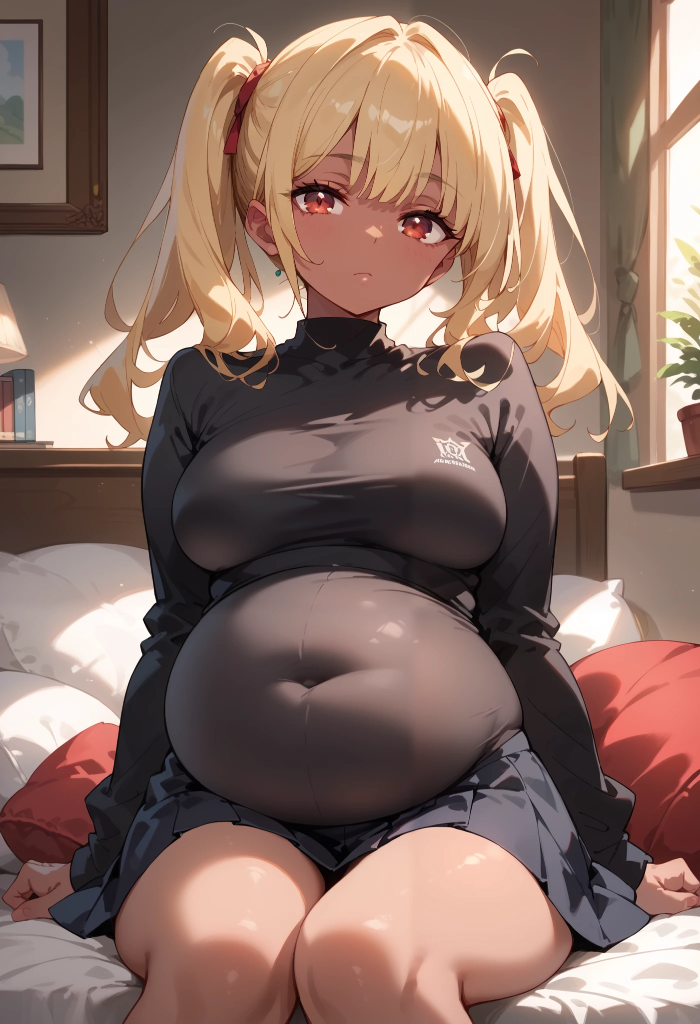 (masterpiece:1.2, best quality), 1lady, solo, , bedroom, day, sit, blonde, twintails, red eyes, darkskin,(black top short skirt), (tight clothes), (medium breasts), breasts squished together, (big belly:1.3)