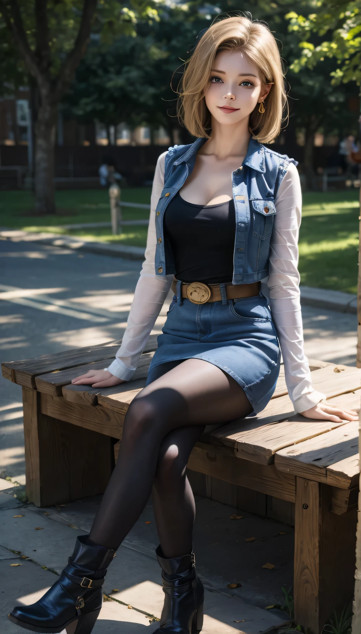 Android 18, Light Blonde hair, Medium Bob hair, Blue eyes, Wearing earrings, Long sleeves, Light blue denim mini skirt, Light blue mini denim vest, Black T-shirt with high cleavage, Big breasts, Belt, Dark brown see-through pantyhose, Western short boots, Looking at viewer, Slight smiling with closed lips sitting, On bench, She raised her right leg and gently placed the heel of her right boot on another very low bench in front of her, Blue sky, sit on a bench, outside, park, grass, Summer, trees, blue sky, high quality, masterpiece,