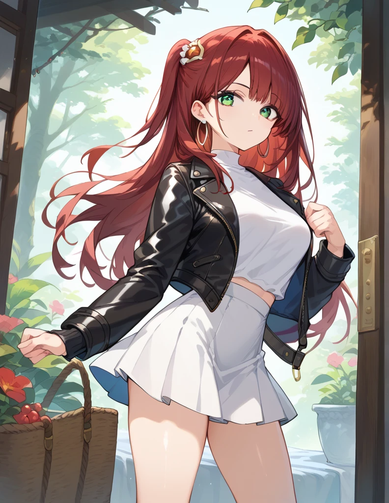 score_9, score_8_up, score_7_up, source_Cartoon, Morning Fragrance  ,   red hair, (green eyes, one side up),,hair accessories,   Shiny Skin , long hair, Hoop Earrings... White Leather Jacket... Black Skinny Skirt.Leather Black Horse Boots ..