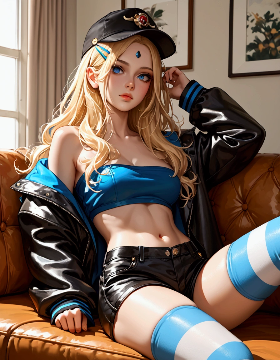 score_9, score_8_up, score_7_up, rating_explicit, source_anime,1girl, blonde hair long hair wave hair, (forehead)(hairpin in center parted bangs),blue eyes, glamorous body, dazed face, shiny black leather shorts, (wide tube top), oversized spiker jacket long sleeve jacket open jacket, striped stockings, black cap, pose of looking forward, relaxing in sofa,