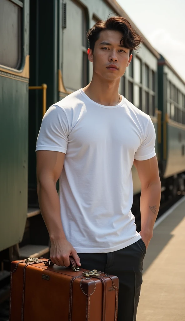 (Create a masterpiece: 1.2),(CGI art:1.3),(realistic:1.5),(After processing:1.3), (Sharp focus:1.3), 1 man, open mouth, smile, (Navy blue round neck shirt), Navy cargo pants, Korean guy , korean men, (High gloss details), chest muscles, large arm muscles, blood vessel, Big muscles, Broad shoulders, looking at the audience, Balancing the eyes, Seaside, beach, sunlight, running towards the camera