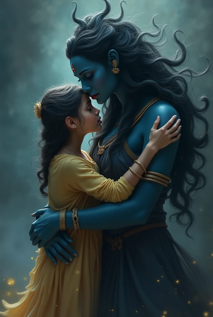 a teen ager boy is sleeping by putting his head in goddess kali lap. night scene .
she is in saree she is looking at boy with love

