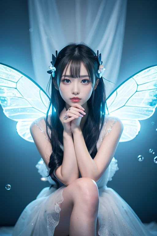 one-girl,Purple butterfly anthropomorphic,solo,Sparkling picture,shiny long black hair,Highlights of facial features,putting makeup on,Redlip,Eyes as bright as the Milky Way,Butterflies emit blue fluorescence,The girl is like a butterfly fairy,Purple lighting,Highest image quality,Best Masterpiece,Highest image quality,A high resolution
