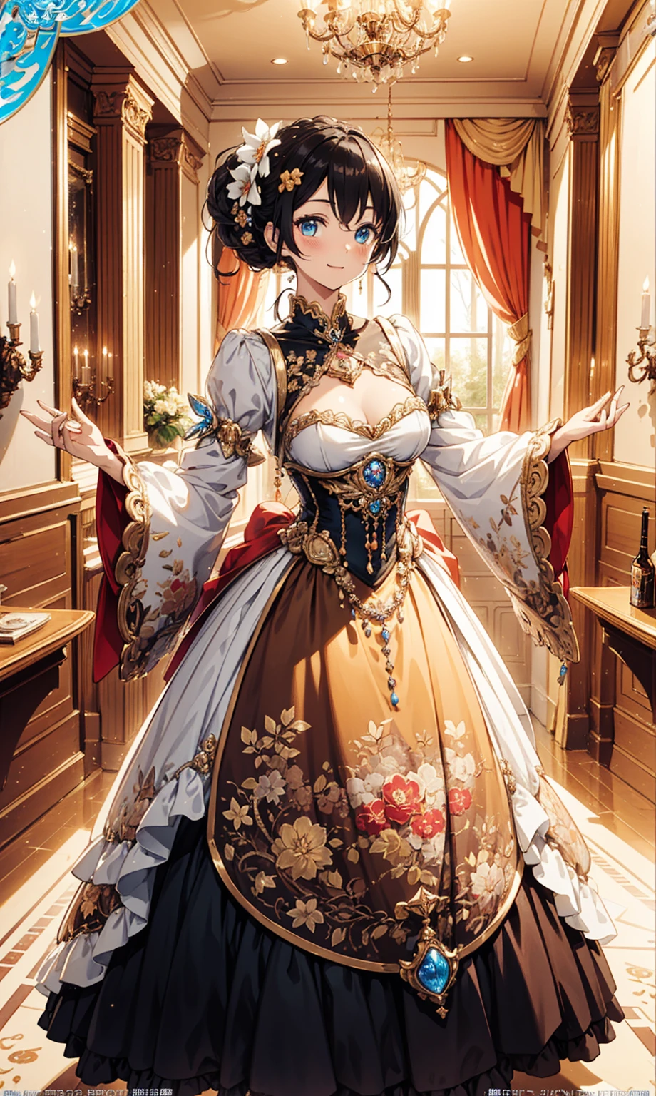  best quality， Ultra High Resolution ，((( super gorgeous beautiful dress is a Rococo Victorian style dress， cute anime art style ))), (Single lady  :1.2: beautiful lower chest :1.2), (  expressive hair :1.1: thick and long hair :1.1),  bangs, (Cowboy shooting:1.1), ( super delicate face :1.3:masterpiece:1.3: extremely detailed:1.3: extremely exquisite and beautiful:1.2:Unity 16K Wallpaper :1.1), ( cute anime art style :1.1),charm， vivid expression 