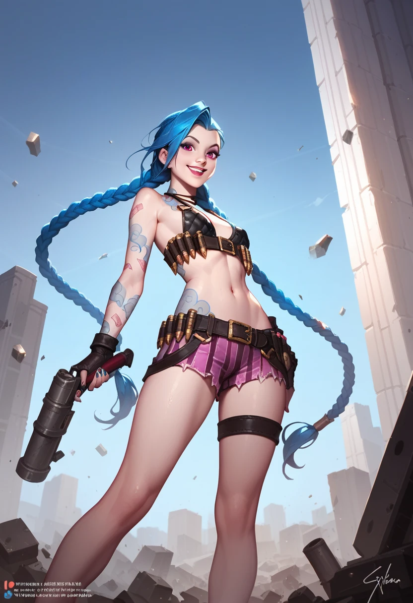 (masterpiece, best quality,top quality),(wide shot:0.95),leagueoflegends,all in one,Jinx,Dynamic angle,1girl,solo, highly detailed, concrete,exquisite clothing, beautiful appearance