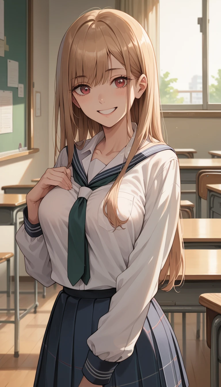 8k, Masterpiece, High Quality:1.2,  delicate illustration,  very detailed,One female,Kitagawa Marln,  bangs, kind, smile, Big Breasts, Slender Body , very nice, school uniform,room