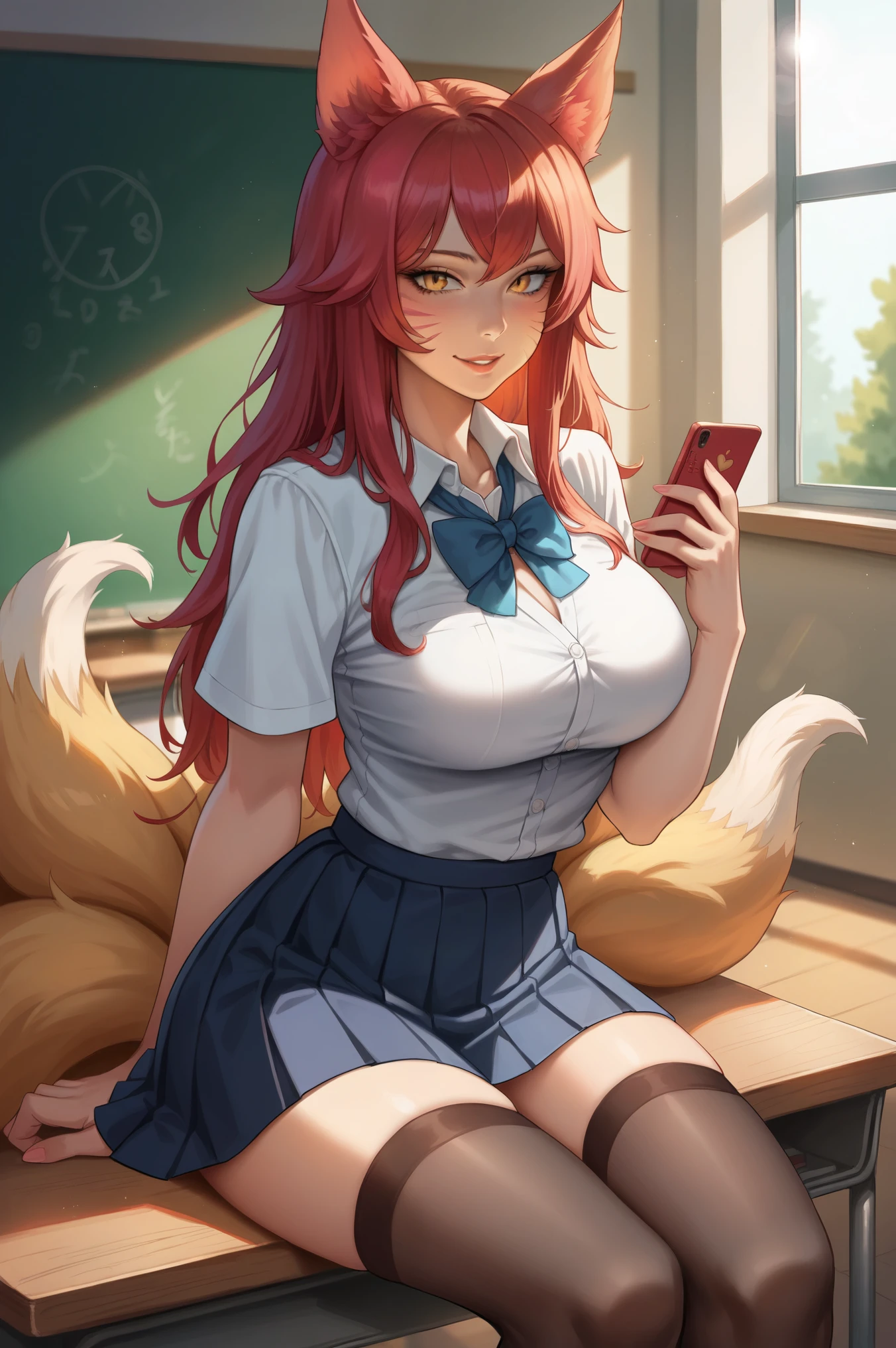 masterpiece, best quality, ultra-detailed, illustration, colorful, flat color, depth of field, lens flare, 1girl, anime, sitting, red hair, messy hair, yellow eyes, fox ears, looking at viewer, school, classroom, academy ahri, facial mark, fox tail, multiple tails, school uniform, skirt, thighhighs, detailed skin texture, detailed cloth texture, beautiful detailed face, large breasts, blush, seductive smile, smartphone