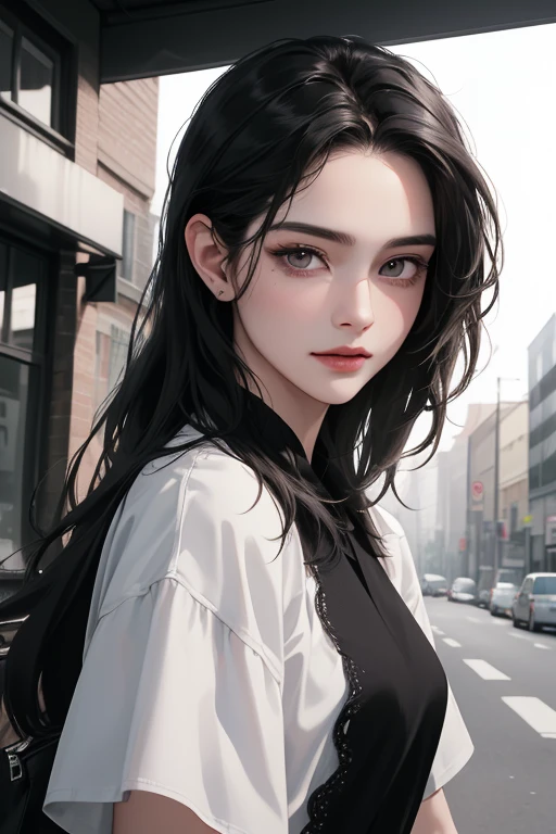 White skin, white shirt, front, upper body, high-tech lighting scene of futuristic city in the background, virtual engine 5, perfect detail rendering, octane rendering, ultra HD