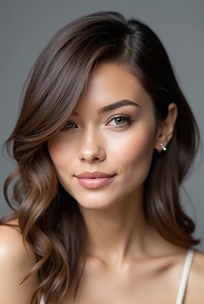 A brunette woman, slim, medium and wavy hair: Photo taken while the woman poses for the photographer in a professional studio, makeup, Caron, Posing for a photographer