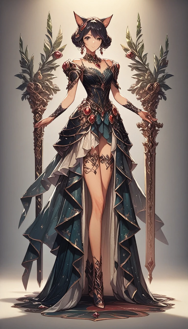 a masterpiece， best quality， official art ，8K wallpaper， Extremely detailed，Illustration，A Princess with a Beautiful Sword 。 Luxurious Dress Studded with Jewels、 An Intricately Designed Sword 。 Beautiful Artistic Art 。 Fantasy 、 standing、No cat ears