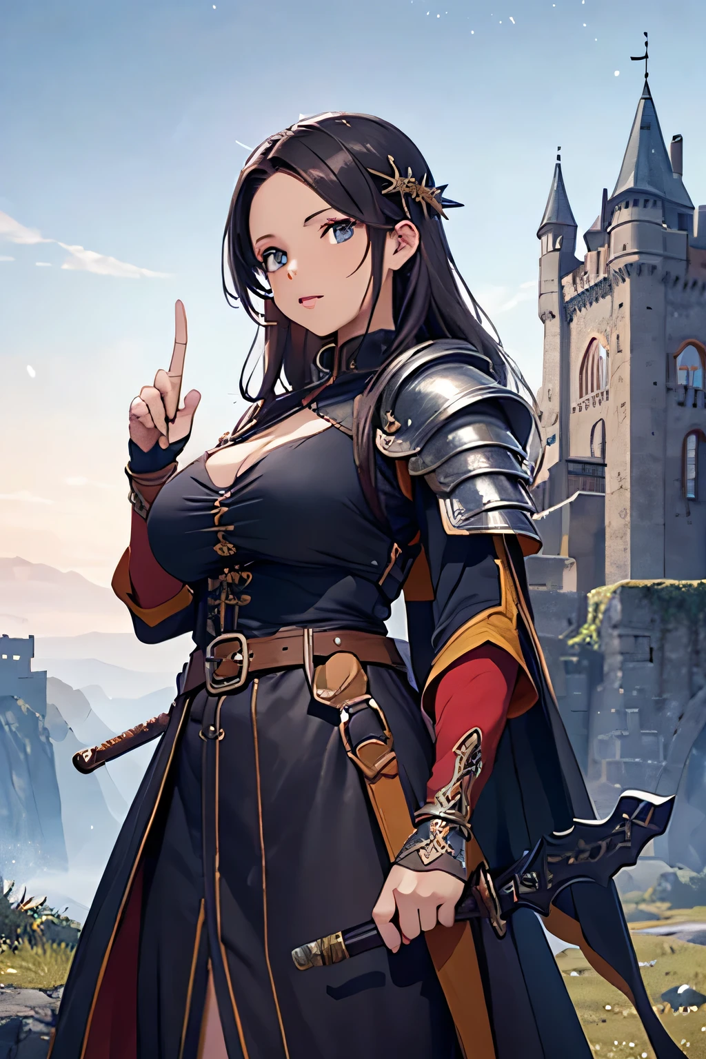 Masterpiece, close up, fantasy world, medieval setting, dungeon, dirty, stone brick walls, adult woman, muscular, dirty appearance, tough, viking style, stoic expression, intimidating, long braided hair, brown hair, dark blue eyes, dirty grey rags, cuffs, emphasize breasts
