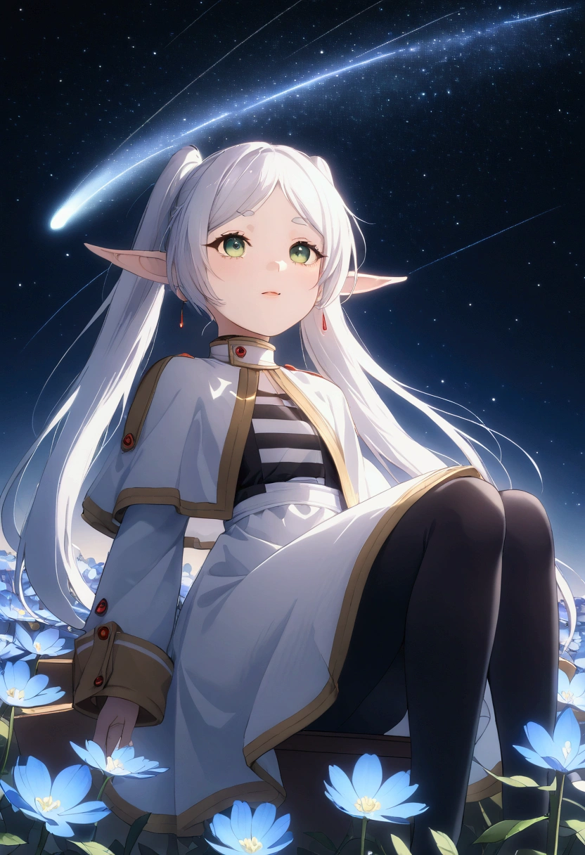  High image quality 、masterpiece、   high quality、Full HD、4K、 standing、 one girl sitting on the ground 、Side view、 Funeral Freelen、 Silver Hair、 twin tails、Green Eyes、Elf Ears、 White Dress 、 striped inner、skirt with gold hem 、Black tights、 flat chest、Blushing cheeks 、 looking up at the sky 、Look Up、Place your hands on your chest、smile、Blue Flower Field、Standing in a flower field、The blue petals are flying、Night Sky、 shooting stars、Meteor Shower