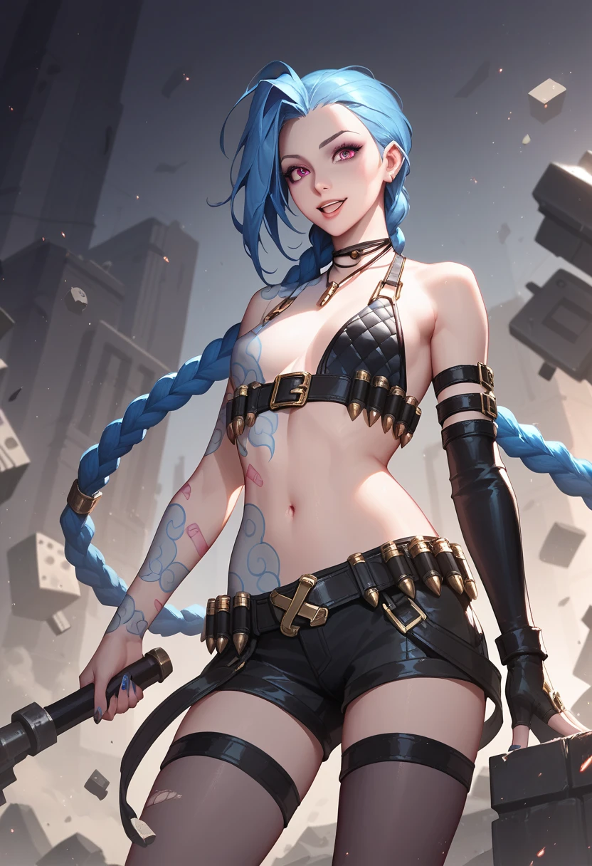 (masterpiece, best quality,top quality),(wide shot:0.95),leagueoflegends,all in one,Jinx,Dynamic angle,1girl,solo, highly detailed, concrete,exquisite clothing, beautiful appearance