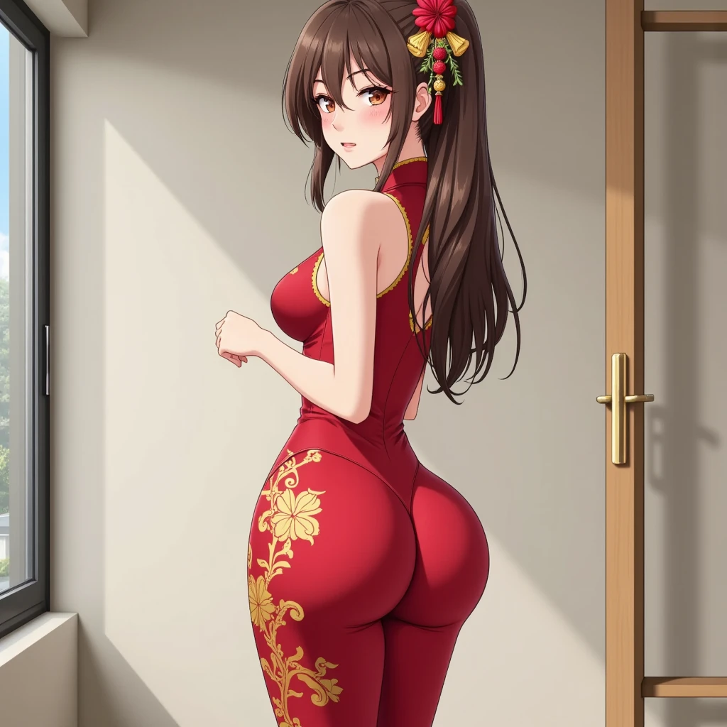 The best quality，Masterpiece，Final resolution，velloso，Very colorful，Cheongsam beauty，a milf，and cheongsam，kneeling pose，（Pointing at your ass），neck，anklets，high heels，high heels，correct posture