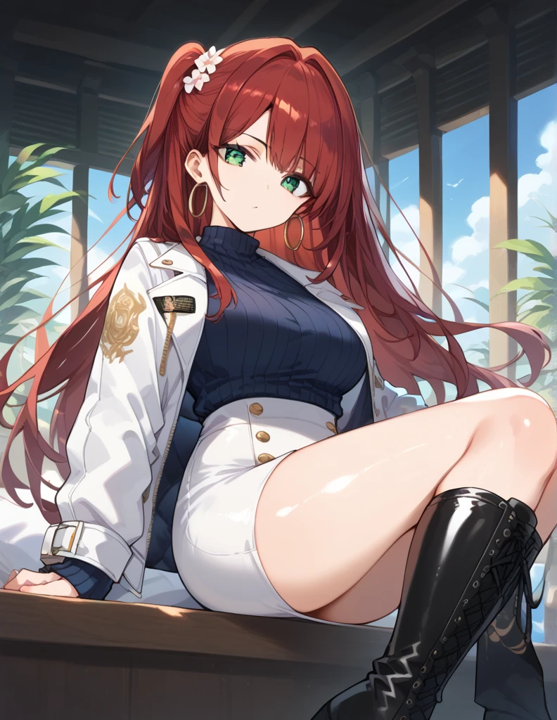 score_9, score_8_up, score_7_up, source_Cartoon, Morning Fragrance  ,   red hair, (green eyes, one side up),,hair accessories,   Shiny Skin , long hair, Hoop Earrings... White Leather Jacket... White Skirt.Leather Black Horse Boots ..