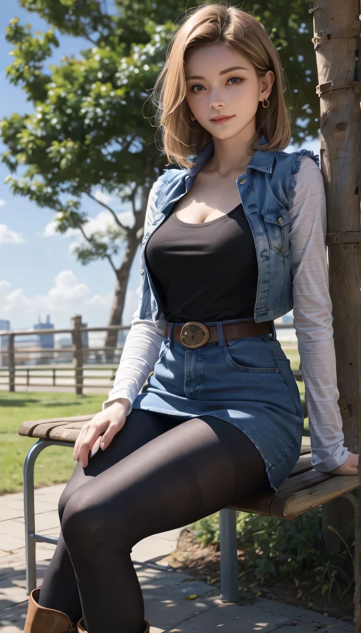 Android 18, Light Blonde hair, Medium Bob hair, Blue eyes, Wearing earrings, Long sleeves, Light blue denim mini skirt, Light blue mini denim vest, Black T-shirt with high cleavage, Big breasts, Belt, Dark brown see-through pantyhose, Western short boots, Looking at viewer, Slight smiling with closed lips sitting, On bench, She raised her right leg and gently placed the heel of her right boot on another very low bench in front of her, Blue sky, sit on a bench, outside, park, grass, Summer, trees, blue sky, high quality, masterpiece,