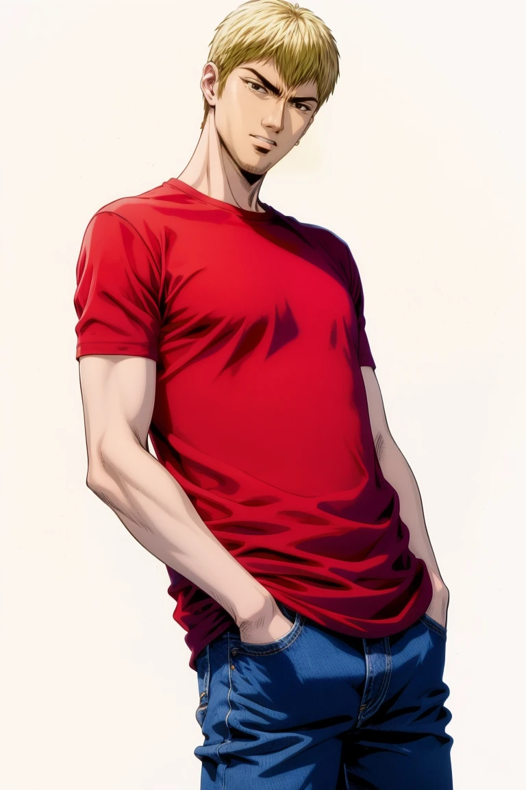 Red tshirt, jeans, hands in the pockets, high quality, (masterpiece, best quality:1.2), (simple white background:1.5), comic style, 1man, solo
