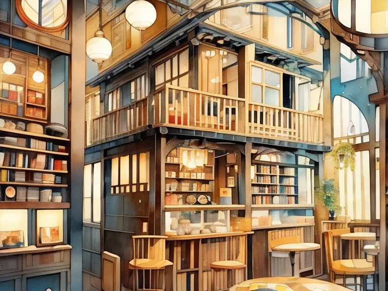  Scenery of a coffee shop with only counter seats、Klimt-style illustration 、 retro modern atmosphere with records playing、 attic atmosphere、 records are playing、round window frame、Small store 、There is a bookshelf、Soft light and dark 、 using colorful colors、 pale shade、