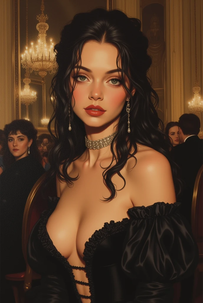 ne0nfant4sy, masterpiece, oil painting of stunningly beautiful Margaery Tyrell as a brunette girl  as a victorian era courtesan, pretty face, detailed face, pretty face, round cheeks,  detailed eyes, graue Augen, big eyes, ((full lips)), ((brunette)), ((long wavy hair)), cleavage, Portrait,  full cleavage, full lips, soft skin, (victorian era ballgown with plunging neckline), dreamy look, people in background, (detailed victorian era ballroom in background, background with elements of a victorian era ball), oil painting, american shot  looking at the viewer, seductive smile, inviting smile, 