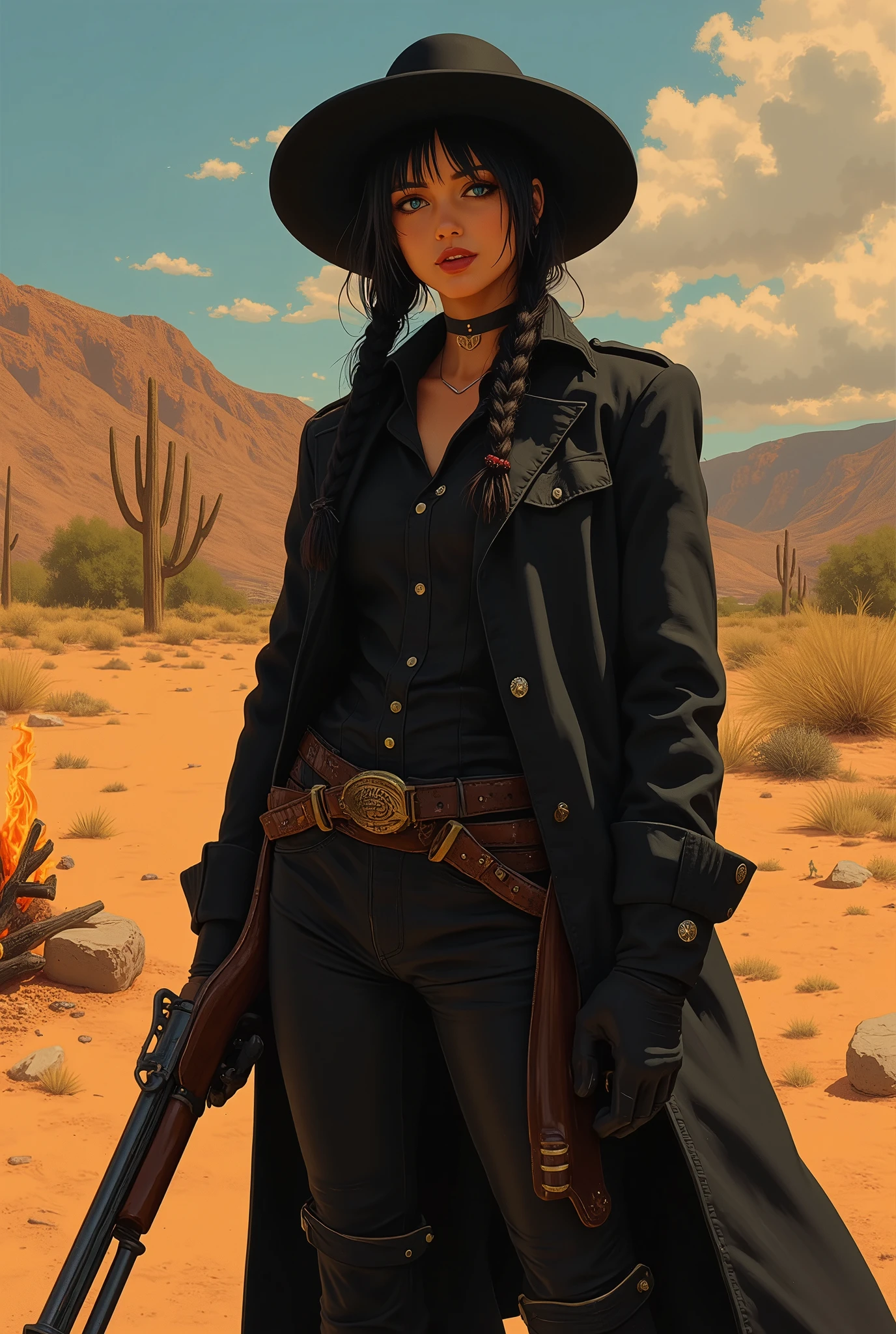 ne0nfant4sy, masterpiece, oil painting of stunningly beautiful brunette girl  as a A girl in a desert, next to a campfire, old west outlaw outfit, double barrel shotgun in hand, long black shotgun jacket, long black hair with braid, blue eyes, cartridge belts, black hat, black pants, black boots, old west lighting, realistic, Mexican, beauty, oil painting, american shot  looking at the viewer, seductive smile, inviting smile, 