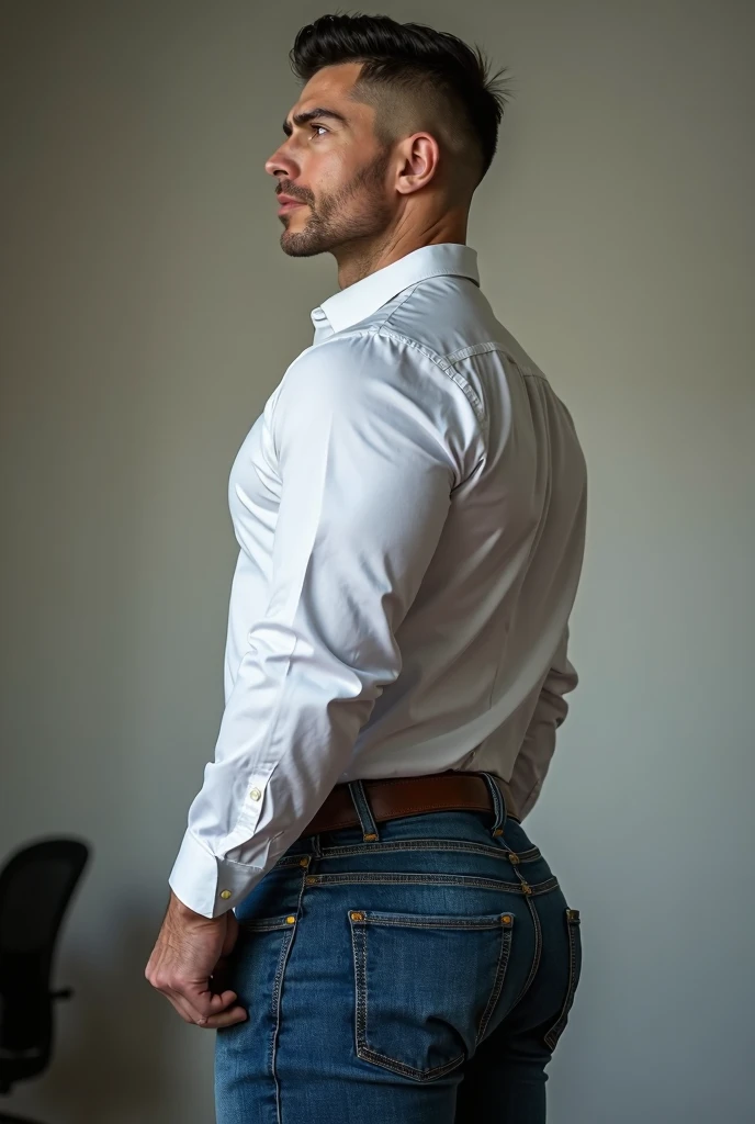a handsome and muscular man in the office,Corte de equipo,ventanas,paisaje urbano,cuerpo completo,macho maduro,[rechoncho],[chris redfield], Big butt,fajado,  jeans gris backside 