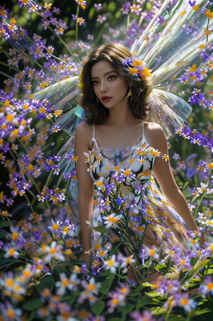 4K ultra high definition, masterpiece, a latina woman, beautiful face, meticulous eyes, meticulous lips, flower fairy girl, big wings, transparent wings, neon lights, (galaxy background: 1.5), (flower dress: 1.8), (white dress: 1.5), in heaven,