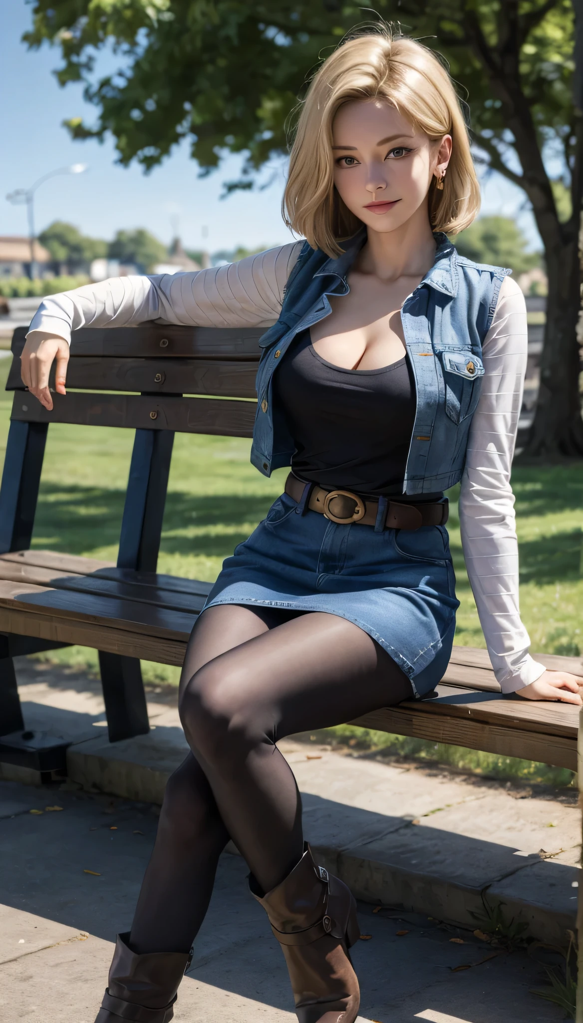 Android 18, Light Blonde hair, Medium Bob hair, Blue eyes, Wearing earrings, Long sleeves, Light blue denim mini skirt, Light blue mini denim vest, Black T-shirt with high cleavage, Big breasts, Belt, Dark brown see-through pantyhose, Western short boots, Looking at viewer, Slight smiling with closed lips sitting, On bench, She raised her right leg and gently placed the heel of her right boot on another very low bench in front of her, Blue sky, sit on a bench, outside, park, grass, Summer, trees, blue sky, high quality, masterpiece,