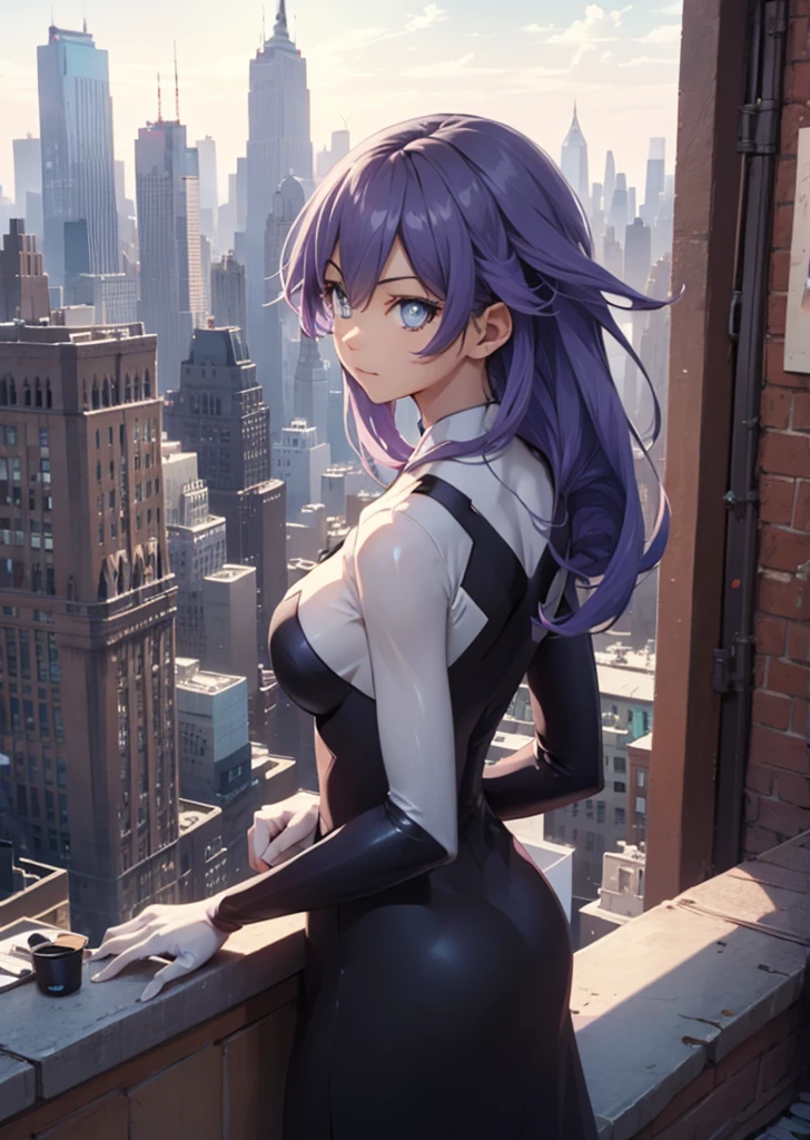 She is on a rooftop with her back ,  a New York cityscape in a very detailed background, Mischievous look image at Backlight ,  anime style, add_details:1