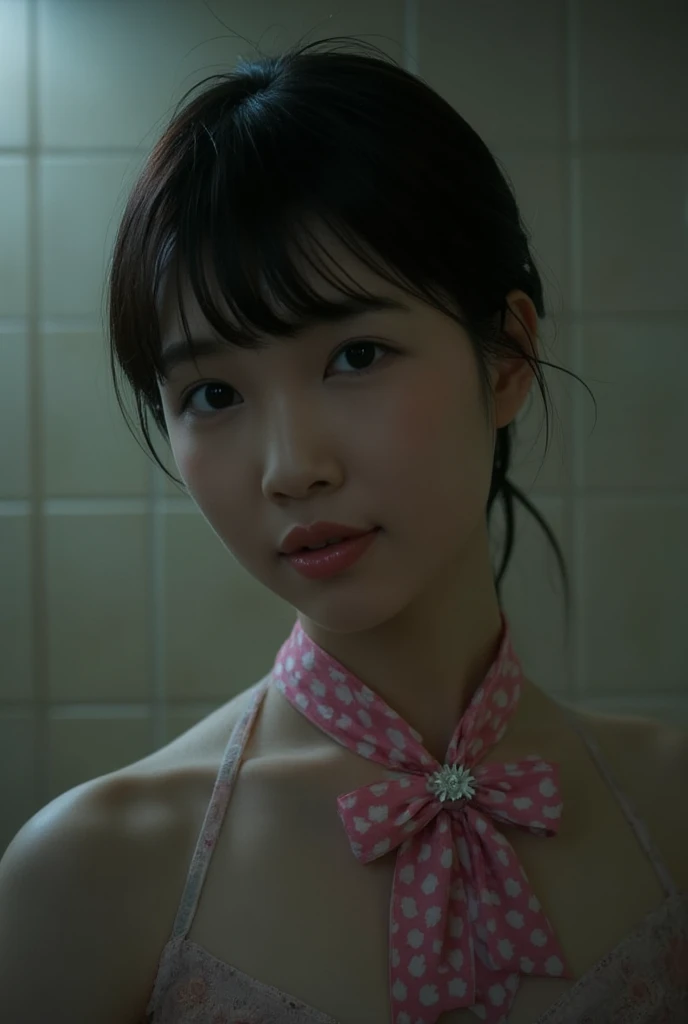 Dress, ( Open Office Shirts ), ( 1 girl at home:1.3), (((  realistic style in a dark and dark world ))), Above the knee shot, Cowboy shooting, The audience is looking up,  Japanese,  old supermodel , thin,   peers among high school girls , Bathroom without light:1.3, ((( bathing in the shower room at home :1.7))), I take a shower, ( to a standing:1.37), ( watches the audience :1.37), ( best quality:1.4),   32k resolution  , (Practical:1.5), (Ultra-Practical:1.5), High resolution 32k UHD, (masterpiece:1.2)), (Quality Improvement:1.4), (Very good facial details), (Highest quality Practical skin texture:1.4), ( Moist Skin , Wet clothes, Wet hair:1.5), (Perfect anatomical structure:1.2), (((, Floral Ribbon, Pink collar shirt:1.15))), (()), No skirts allowed, Tang&#39;Emphasize your upper chest, (Tile Bathroom:1.1), Precise fingers,  very detailed ,  symmetrical eyes , ((Audience perspective)), Natural Makeup, ((Focus on quality:1.2)), (Fatigue, Sleepy and content:0.0), (Delicate lips:1.33), ( exquisite nose :1.2), Medium bust size, ( flat chested :1.05, thin lower body),   brown hair  , (Handsome Bob Hairstyle:1.37), Rape Face,  writing border depth , Carl Zeiss, 85mm F/4, 