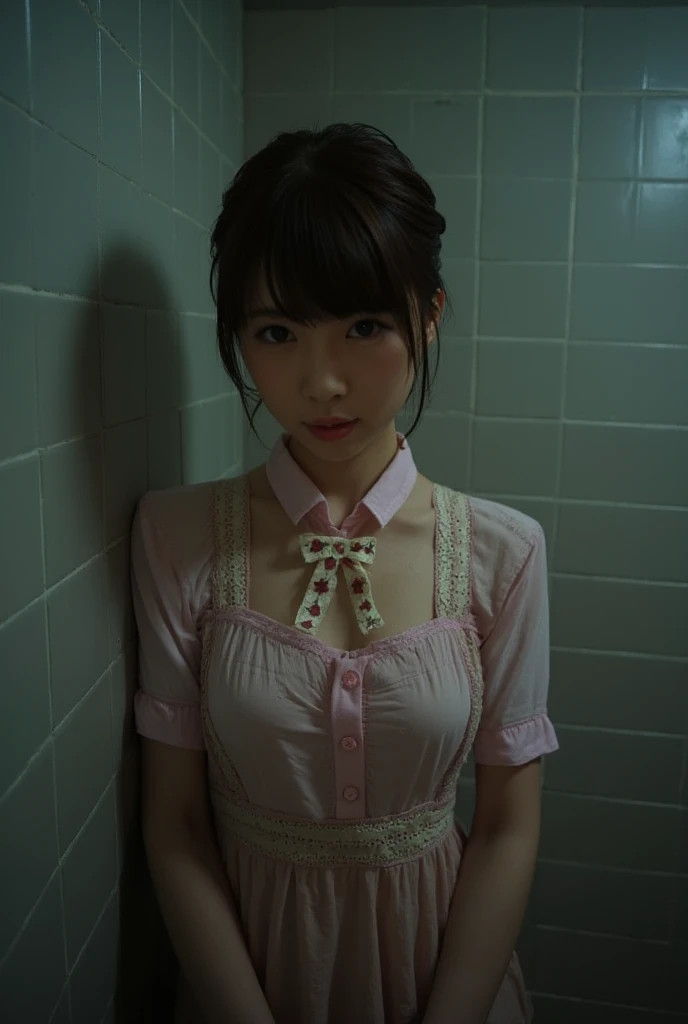 Dress, ( Open Office Shirts ), ( 1 girl at home:1.3), (((  realistic style in a dark and dark world ))), Above the knee shot, Cowboy shooting, The audience is looking up,  Japanese,  old supermodel , thin,   peers among high school girls , Bathroom without light:1.3, ((( bathing in the shower room at home :1.7))), I take a shower, ( to a standing:1.37), ( watches the audience :1.37), ( best quality:1.4),   32k resolution  , (Practical:1.5), (Ultra-Practical:1.5), High resolution 32k UHD, (masterpiece:1.2)), (Quality Improvement:1.4), (Very good facial details), (Highest quality Practical skin texture:1.4), ( Moist Skin , Wet clothes, Wet hair:1.5), (Perfect anatomical structure:1.2), (((, Floral Ribbon, Pink collar shirt:1.15))), (()), No skirts allowed, Tang&#39;Emphasize your upper chest, (Tile Bathroom:1.1), Precise fingers,  very detailed ,  symmetrical eyes , ((Audience perspective)), Natural Makeup, ((Focus on quality:1.2)), (Fatigue, Sleepy and content:0.0), (Delicate lips:1.33), ( exquisite nose :1.2), Medium bust size, ( flat chested :1.05, thin lower body),   brown hair  , (Handsome Bob Hairstyle:1.37), Rape Face,  writing border depth , Carl Zeiss, 85mm F/4, 