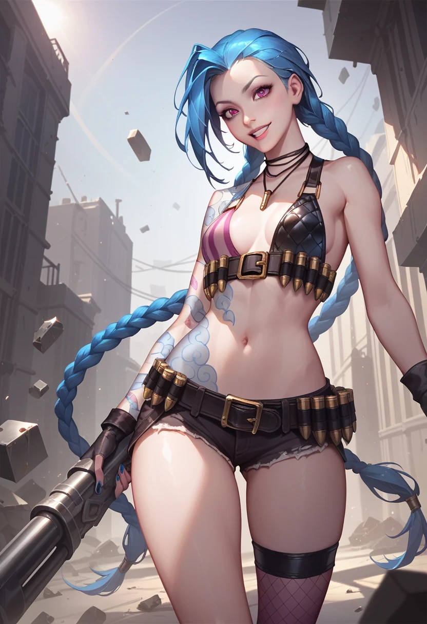 (masterpiece, best quality,top quality),(wide shot:0.95),leagueoflegends,all in one,Jinx,Dynamic angle,1girl,solo, highly detailed, concrete,exquisite clothing, beautiful appearance