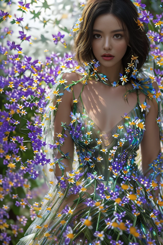 4K ultra high definition, masterpiece, a latina woman, beautiful face, meticulous eyes, meticulous lips, flower fairy girl, big wings, transparent wings, neon lights, (galaxy background: 1.5), (flower dress: 1.8), (white dress: 1.5), bioluminescent sheer dress, 3d flowers, the woman stares into the camera